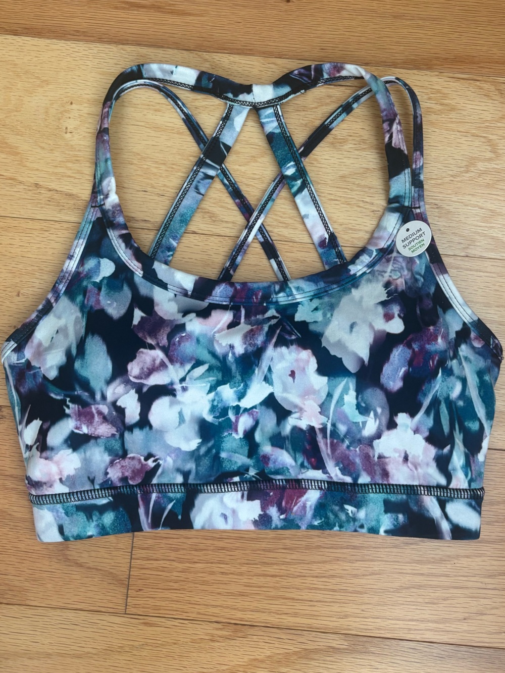 Gaiam NWT Floral Strappy Sports Bra XS Medium Support Blue Purple Yoga - Picture 4 of 10
